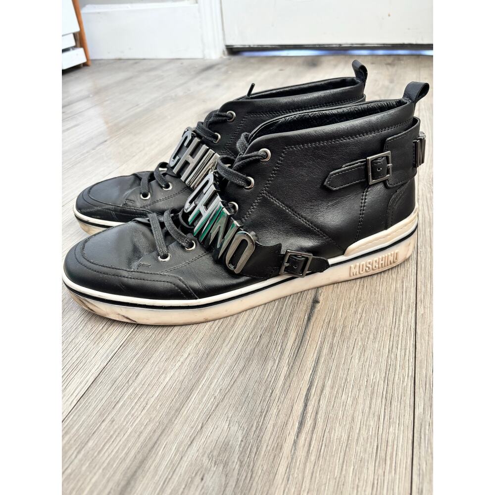 MOSCHINO logo mid top black leather sneakers. Logo hardware 43IT or US 10M - Picture 3 of 9